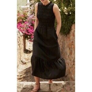 Boden Smocked Black 100% Linen Midi Dress Women’s 10R Sleeveless Coastal Resort